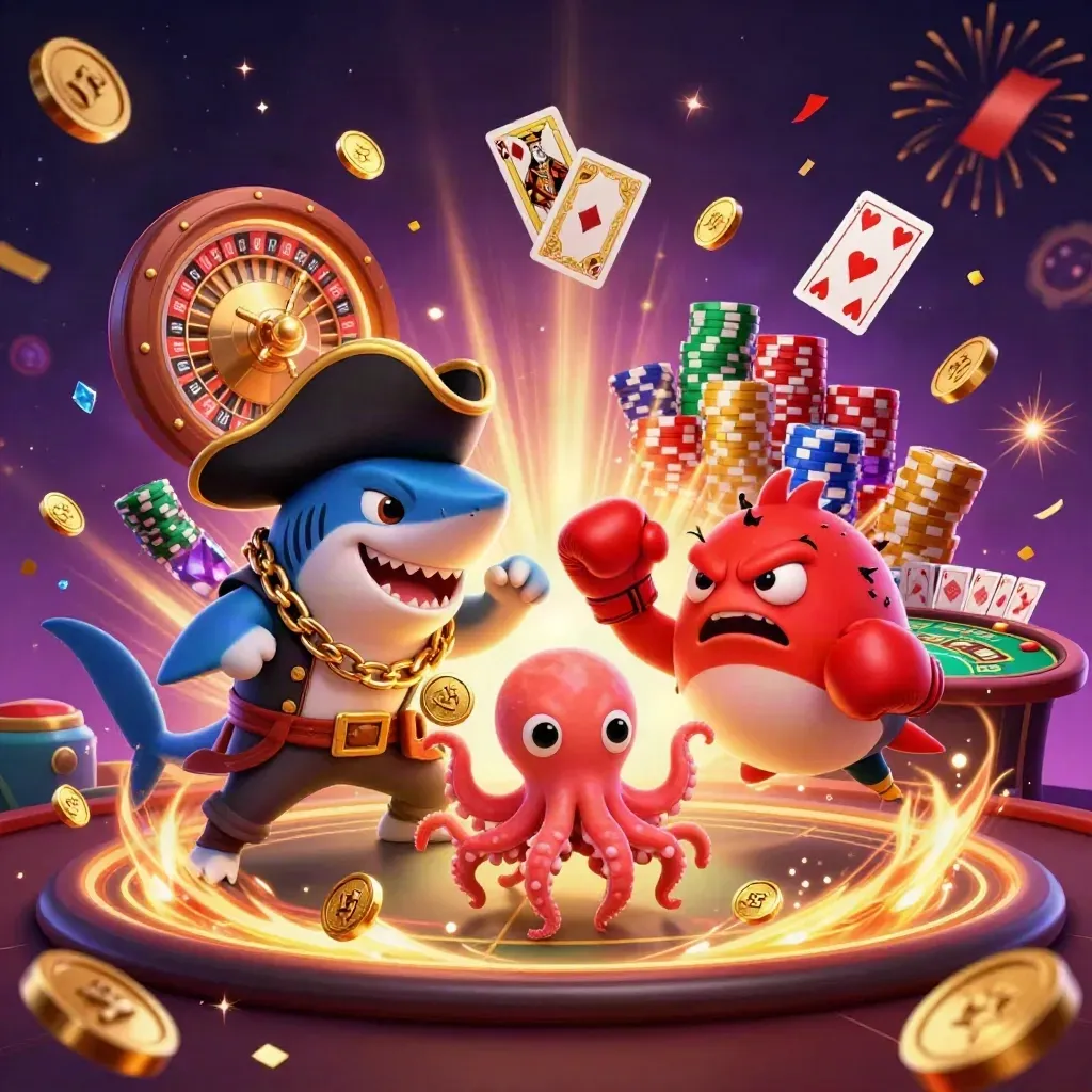 Pirate shark, pufferfish, and octopus amid casino gold, coins, chips, and a spinning roulette wheel.