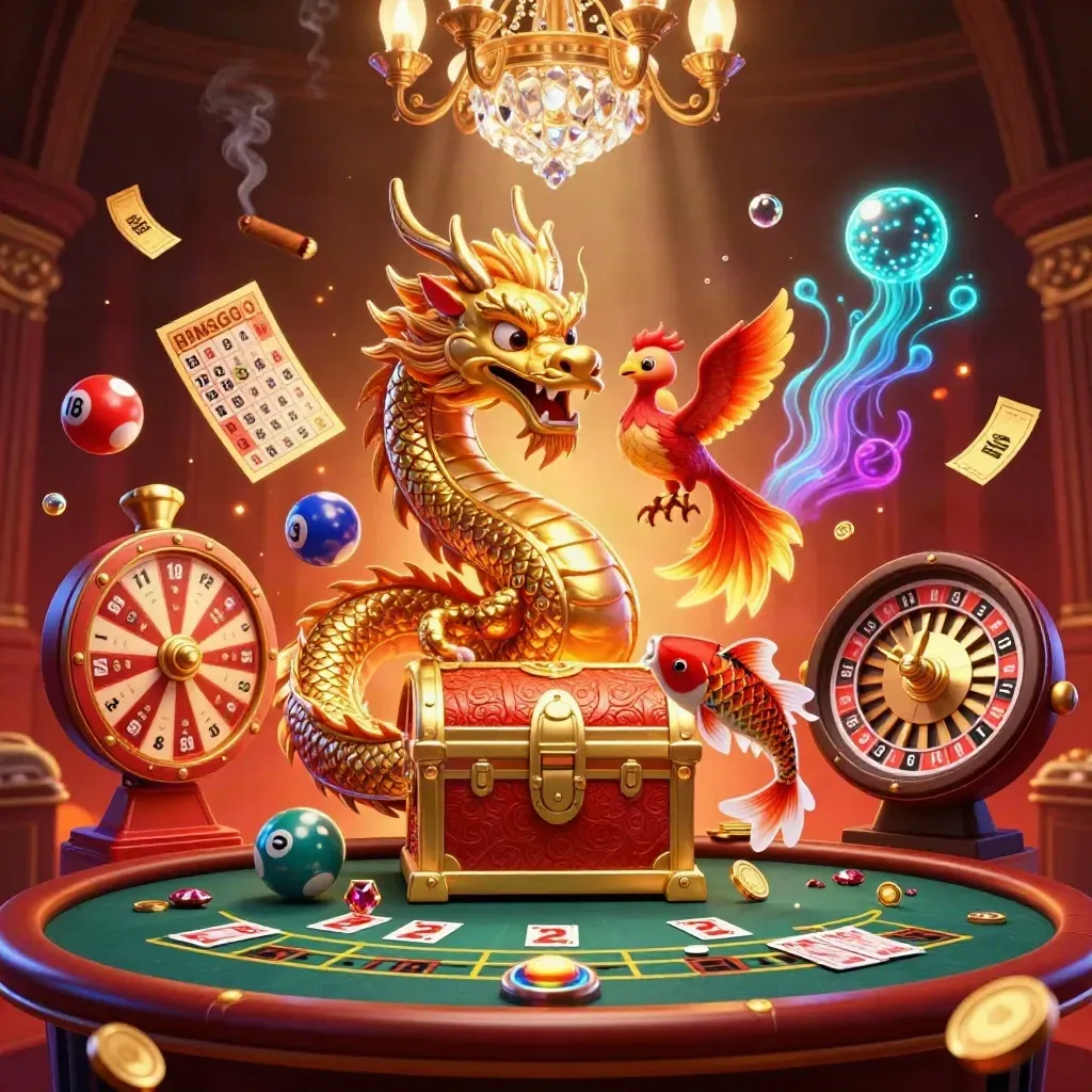 Golden dragon, phoenix, koi, lottery balls and casino props in a luxe crimson-gold fantasy scene
