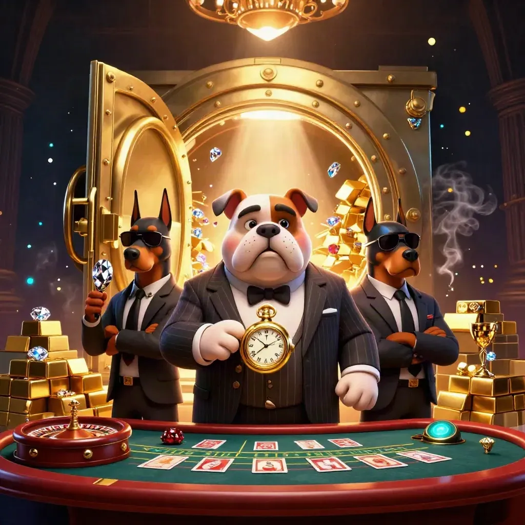 Bulldog boss with Doberman bodyguards before a vault door amid gold, gems and casino glow