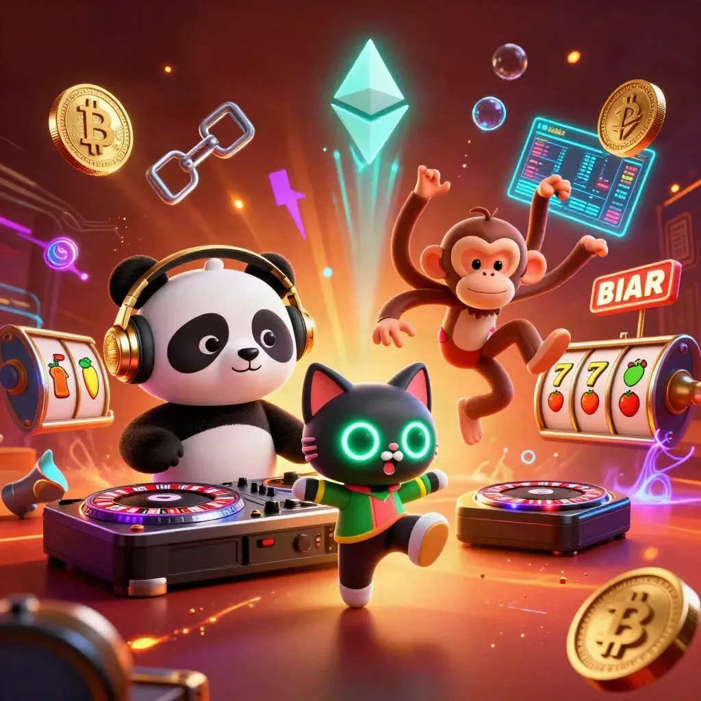 DJ panda, breakdancing monkey, and glow-stick kitten amid casino coins, charts, and neon effects.