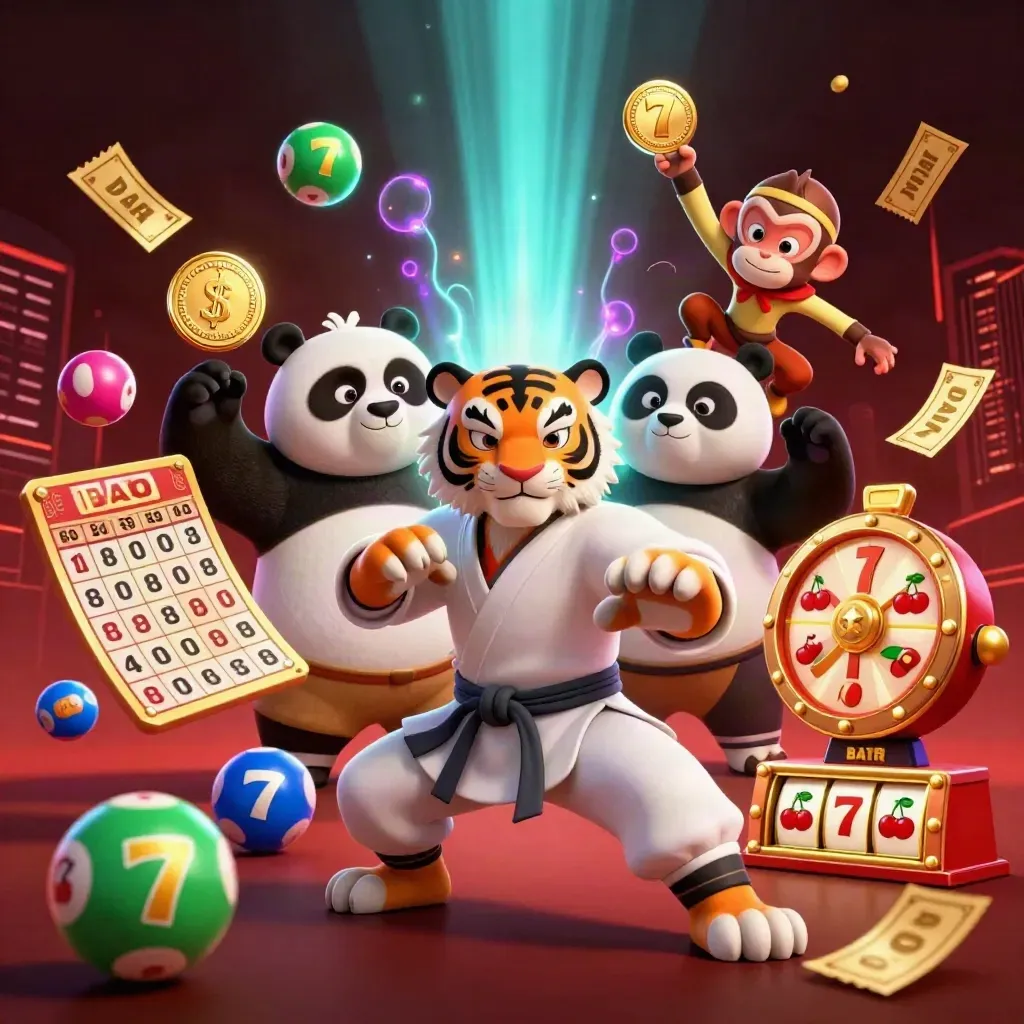 Tiger, panda, and monkey casino heroes amid reels, bingo, tickets, and glowing jackpot effects.