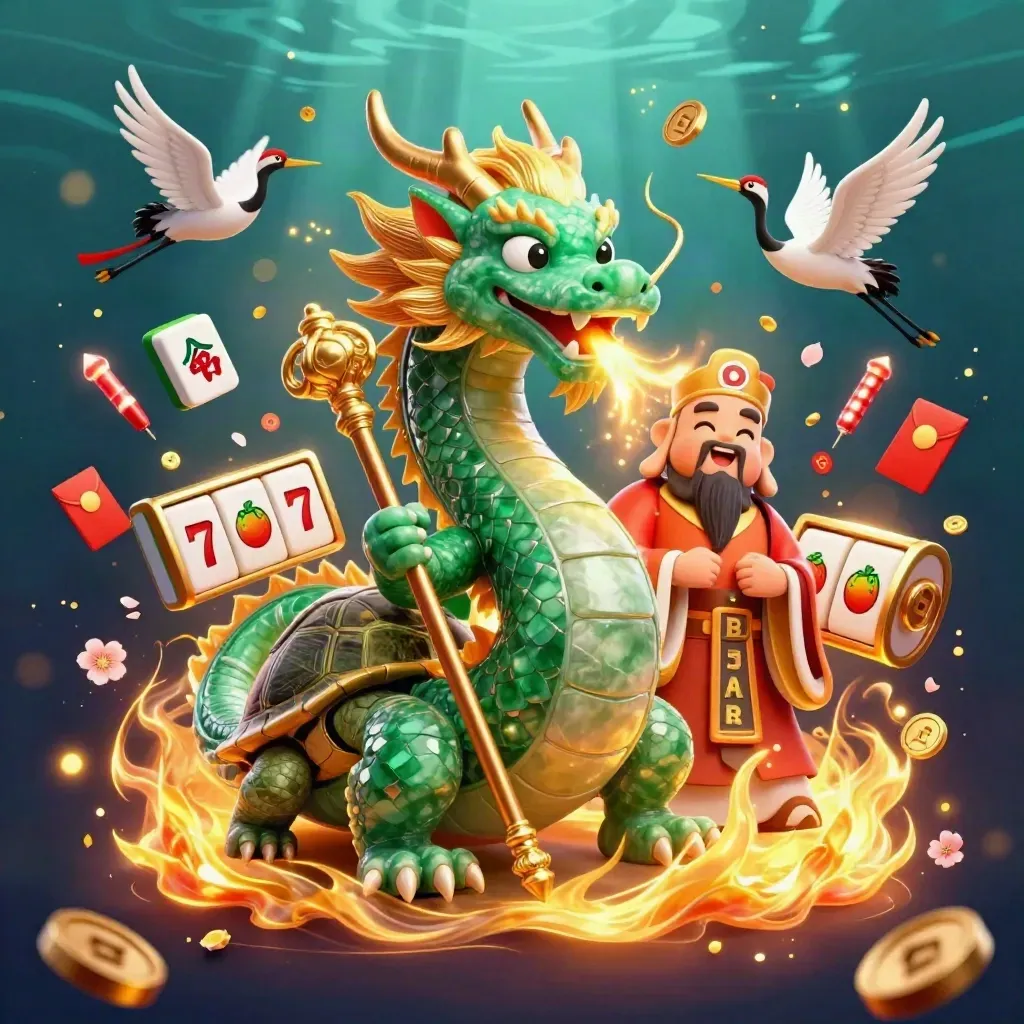Emerald dragon, turtle sage, and cranes amid casino symbols on a dark luxe teal-gold background.