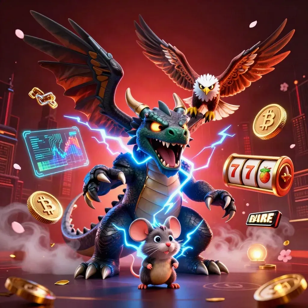 Thunder dragon, hawk, and mouse burst amid casino coins, lightning, and dark red skyline.